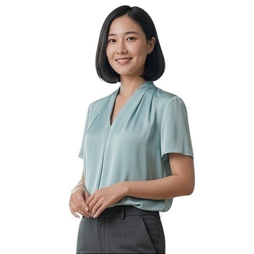 Hugo Boss Seafoam Blue Silk Blend Draped V-Neck Blouse Quiet Luxury Office Sz 4